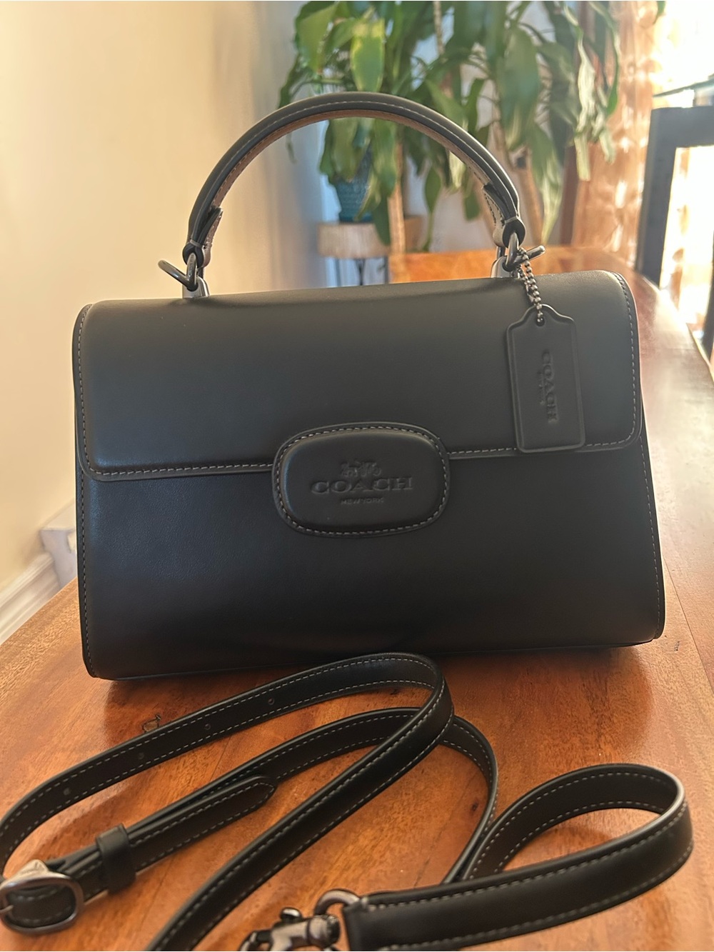 Coach Black Leather Elisa Top-Handle Satchel with Removable Strap